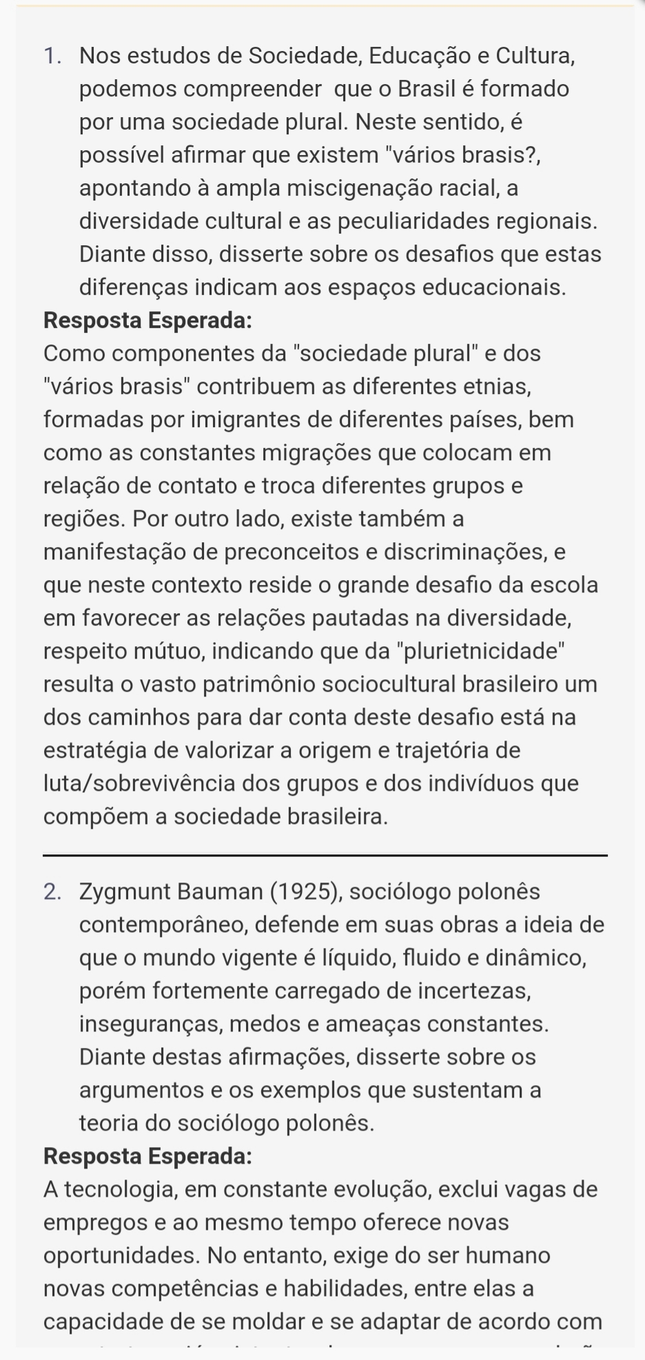 Prova Sociedade Educação E Cultura - Sociedade, Educação E Cultura