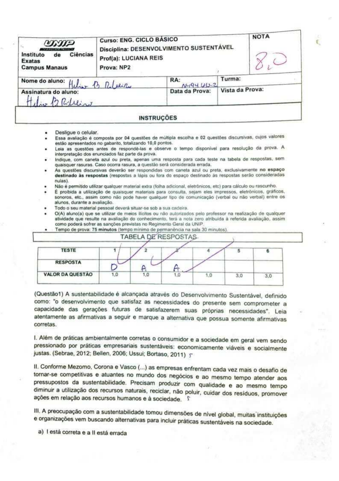 Prova Meio Ambiente e Sustentabilidade - UNIESP - 20212, Provas Sociedade  e Meio Ambiente