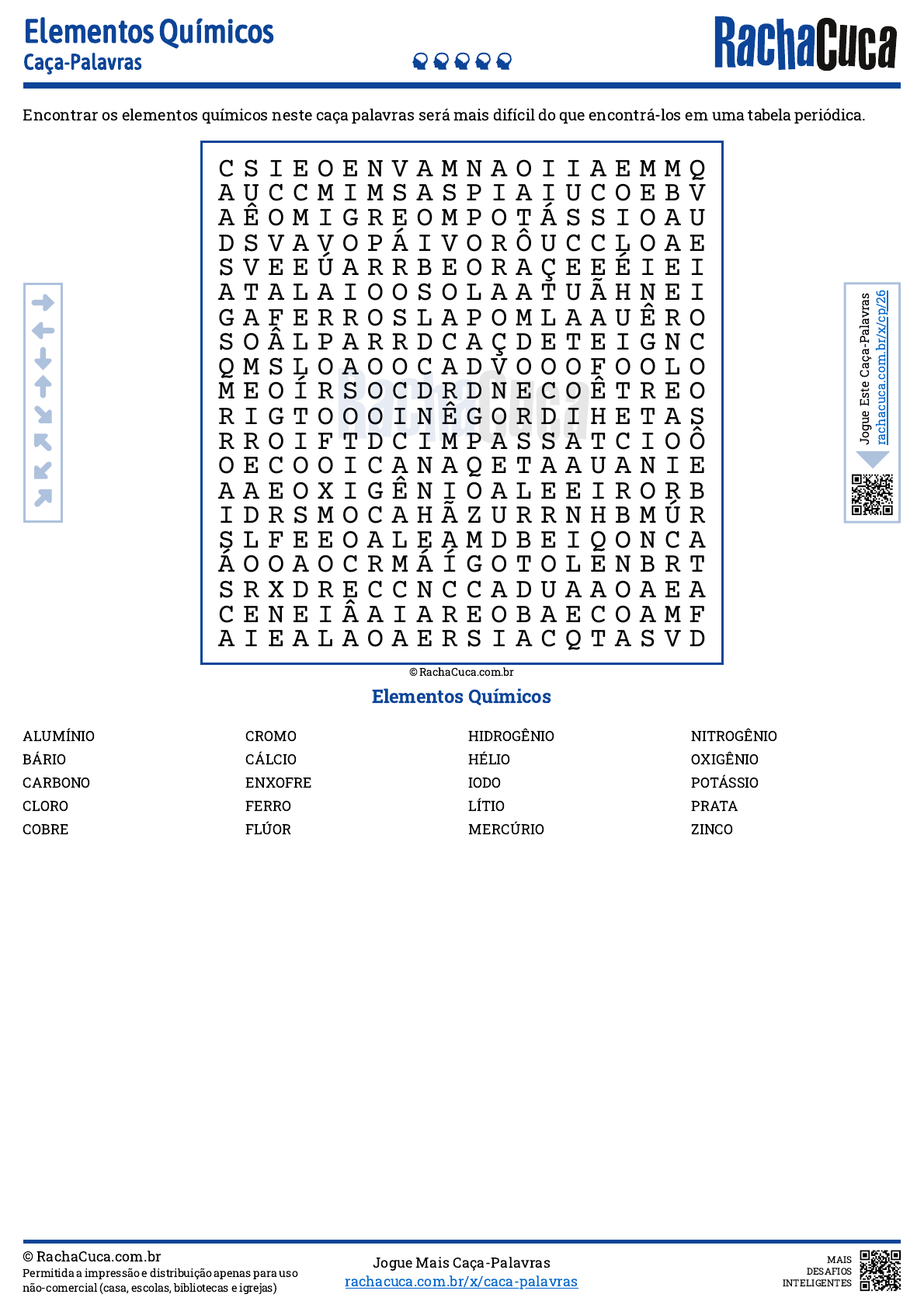 Caça palavras com elementos químicos - Tabela Periódica