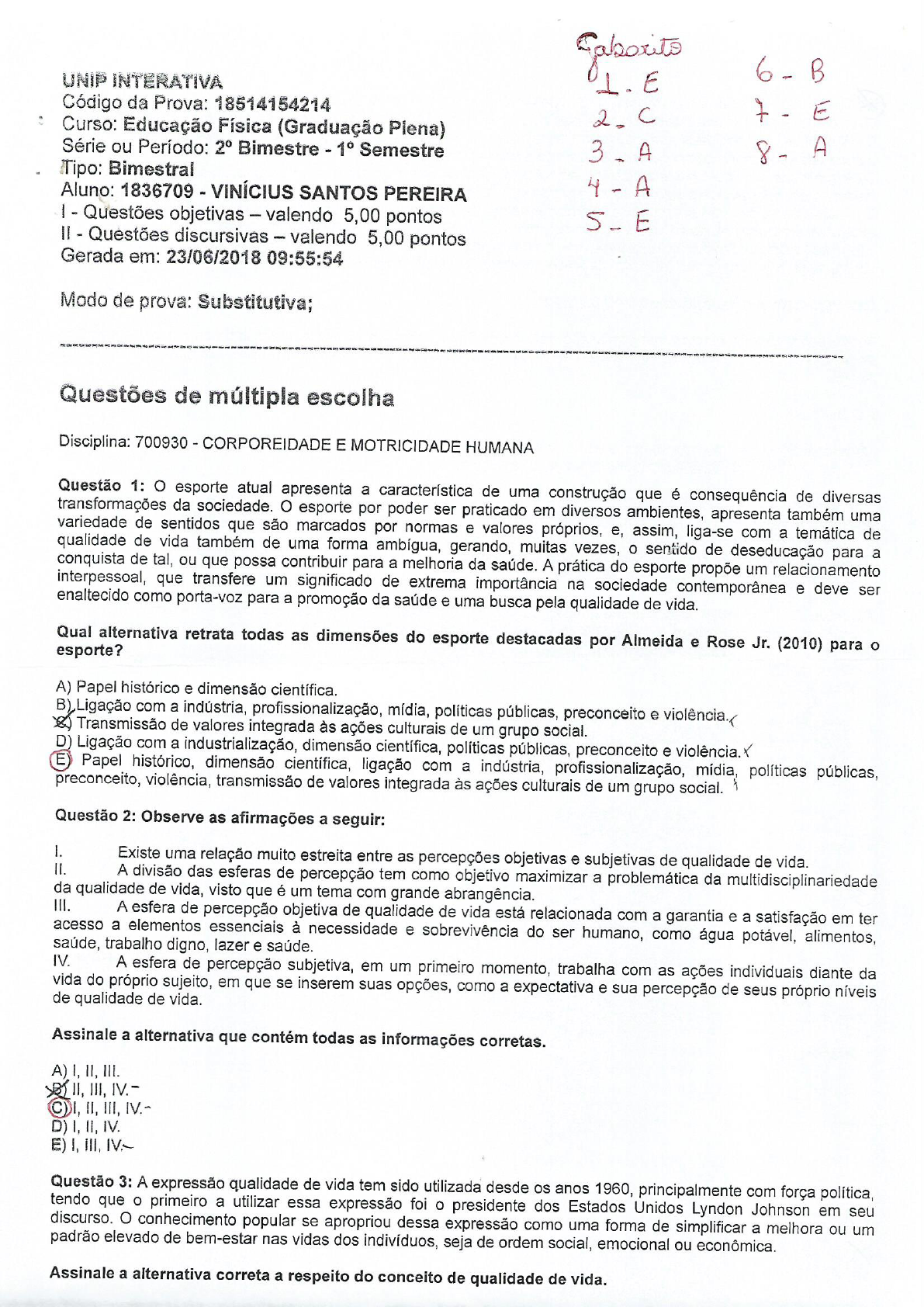 Prova Corporeidade Motricidade E Corporeidade