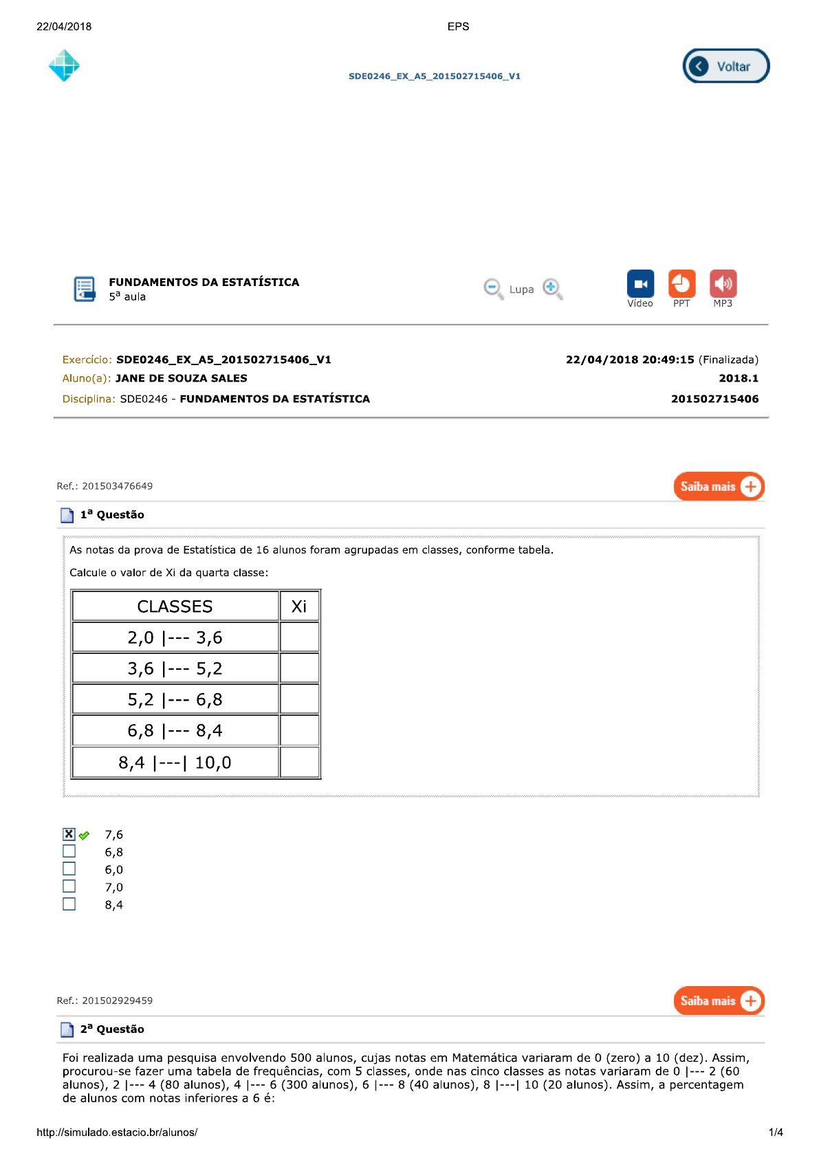 Aula 05 Teste 01 Fundamentos Da Estatística - Fundamentos Da Estatística