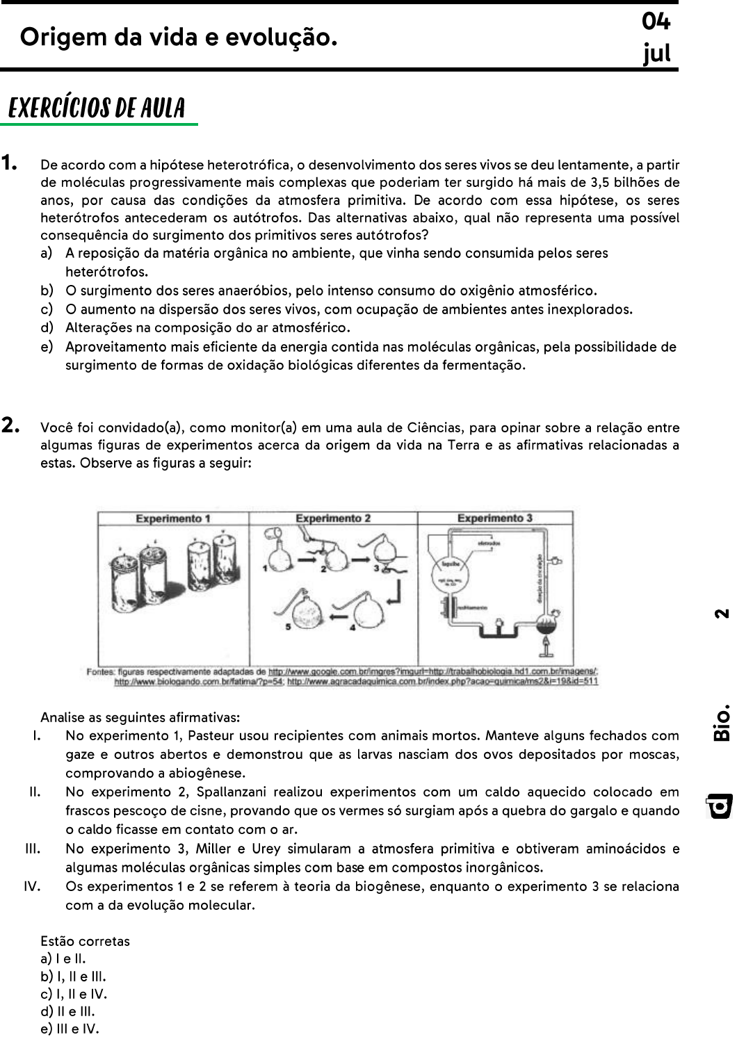 Lista De Exercícios Sobre Origem Da Vida – JSRPJ