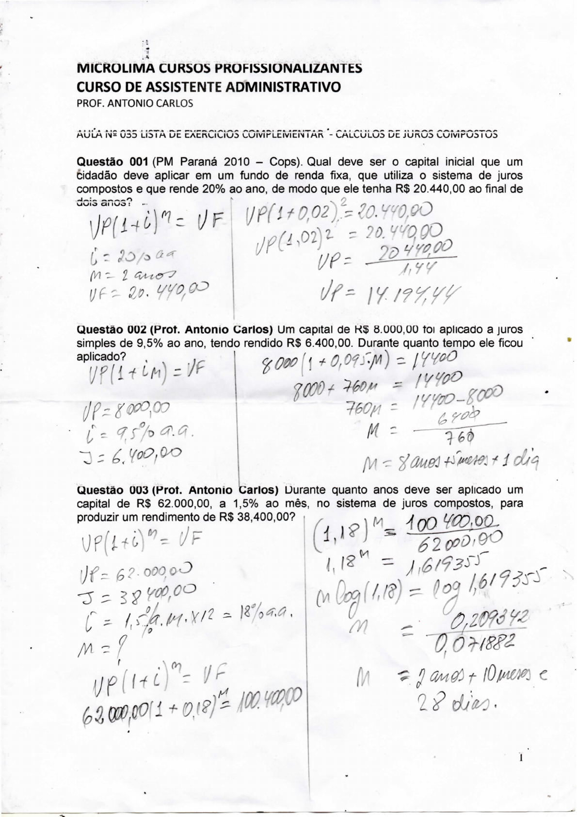 L035 2018 Exercicios Resolvidos De Juros Compostos - Matemática Financeira