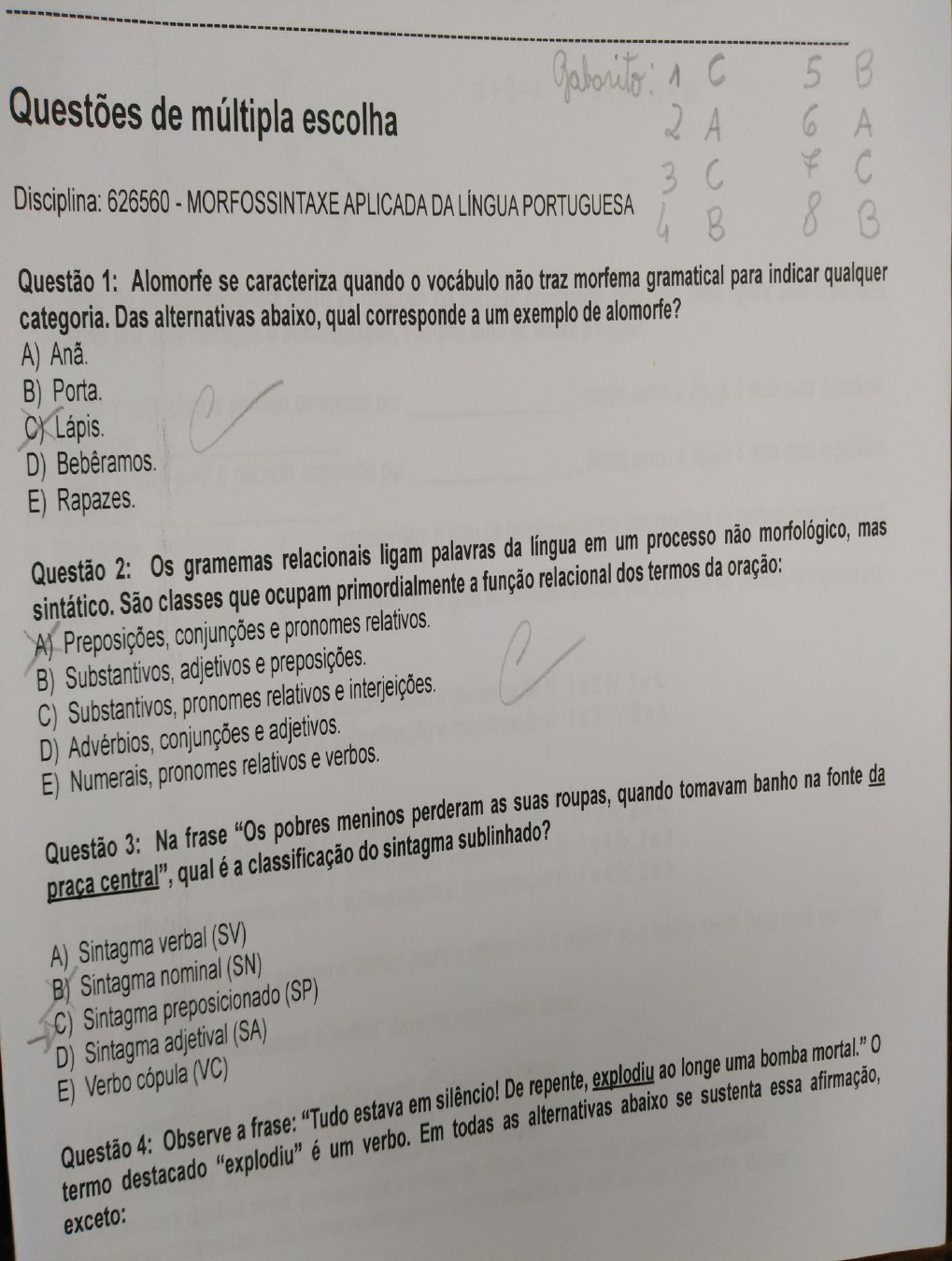 Prova De Morfossintaxe APLICADA Da Língua Portuguesa - Morfossintaxe Da ...