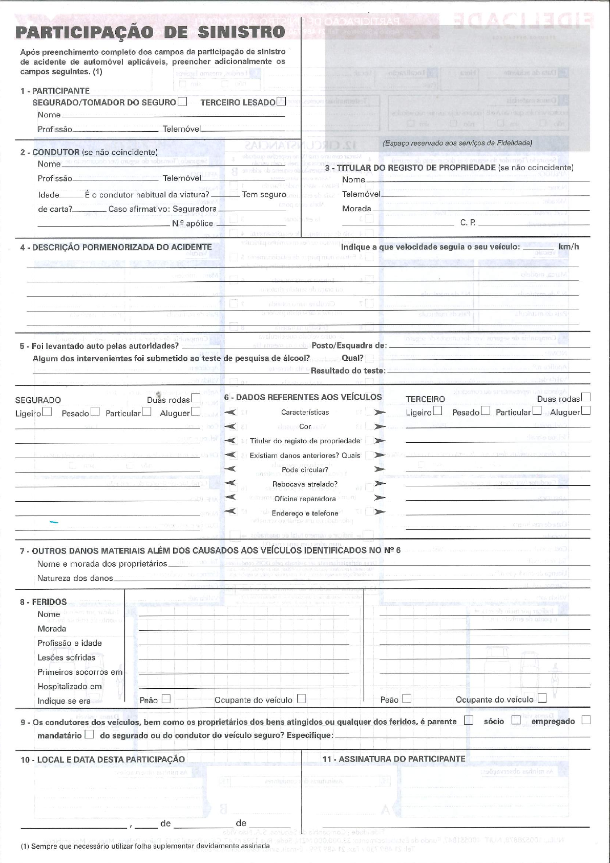 FormulÁrio De ParticipaÇÃo De Sinistro AutomÓvel 1 1 2 Ciências 9292