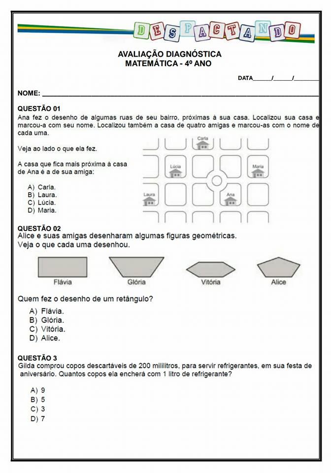 DIAGNÓSTICO MATEMÁTICA 7 ANO