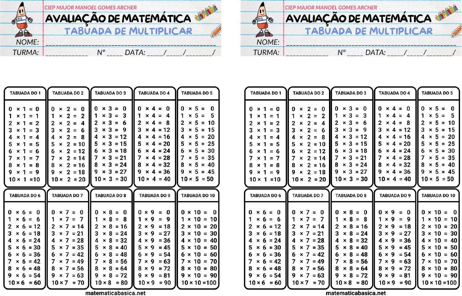 TABUADA - Questionário