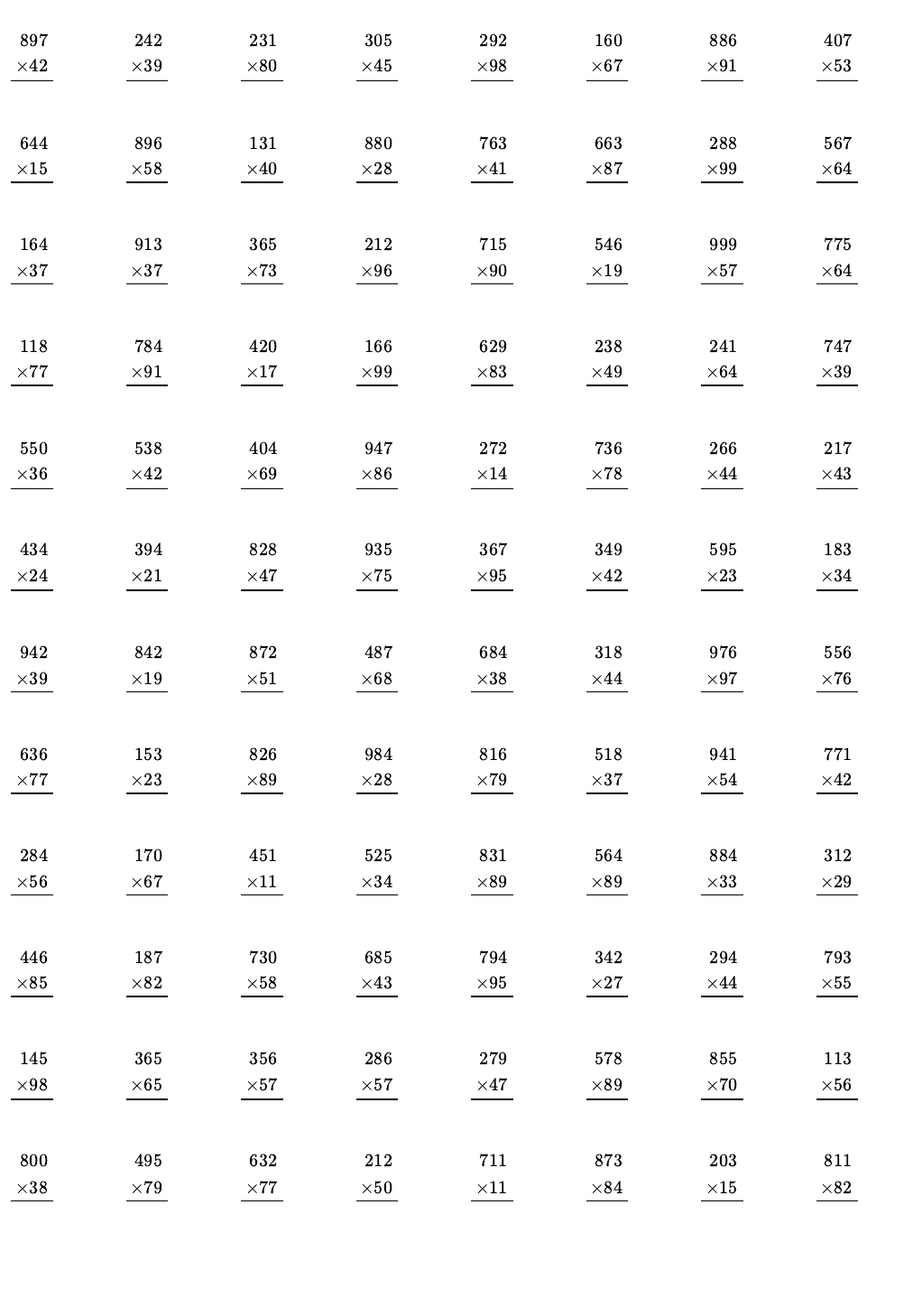 Multiplicación de 3 cifras worksheet