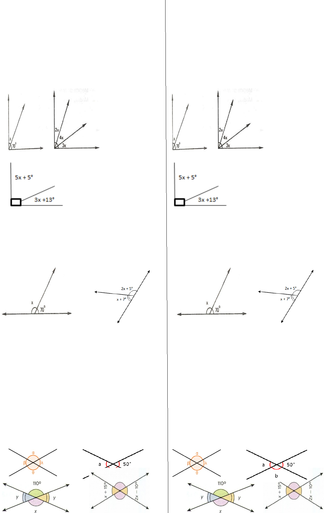 Ângulos complementares, suplementares, verticais e adjacentes imprimível 2ª  série planilhas