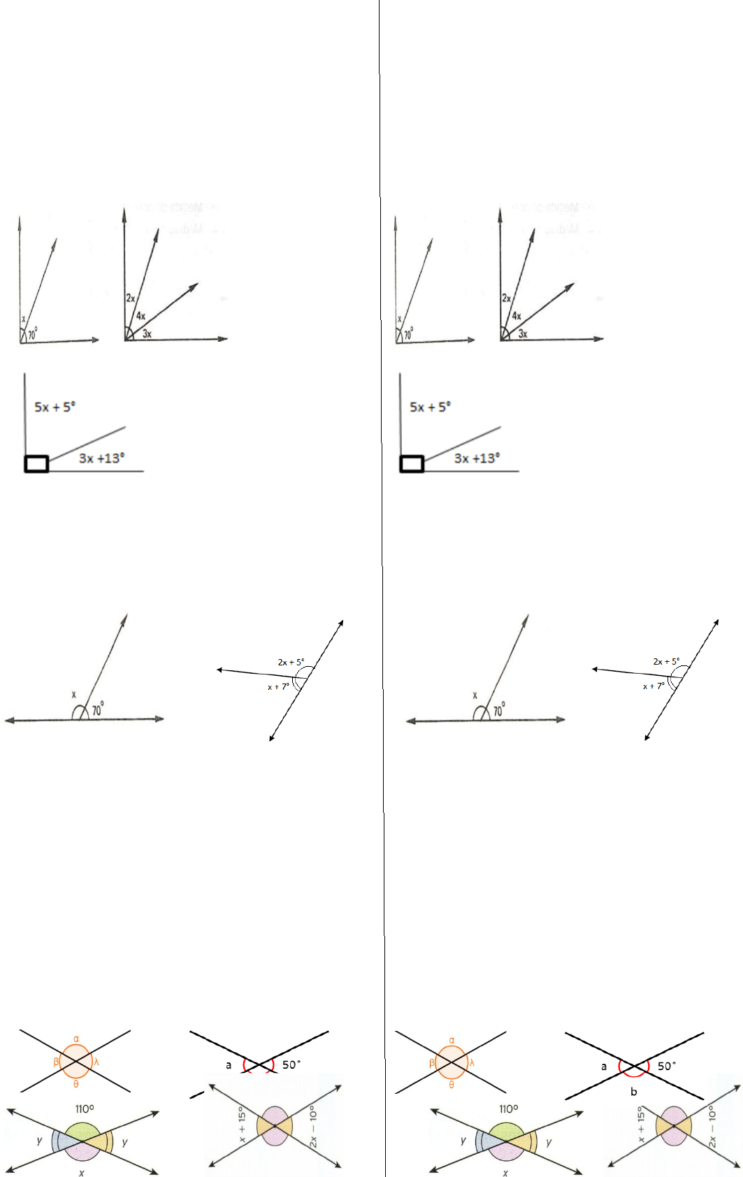 Ângulos complementares e suplementares worksheet