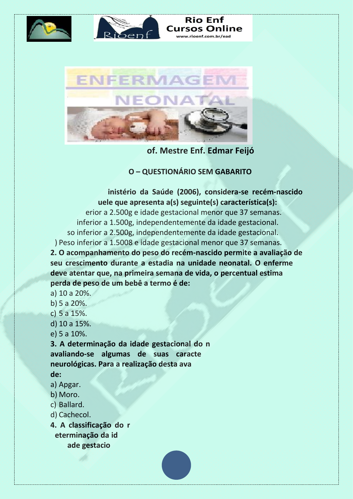 Grátis: ENFERMAGEM NEONATAL - QUESTIONÁRIO SEM GABARITO EaD - Material  Claro e Objetivo em PDF para Estudo Rápido