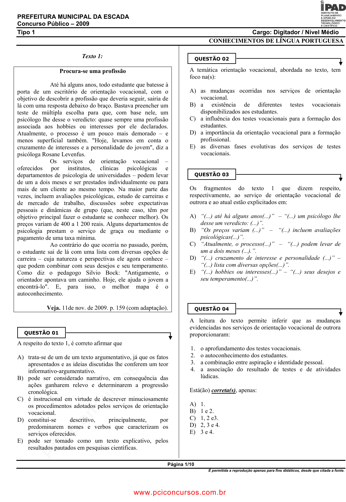 Teste Vocacional Para Imprimir Word PDF Science Psicologia