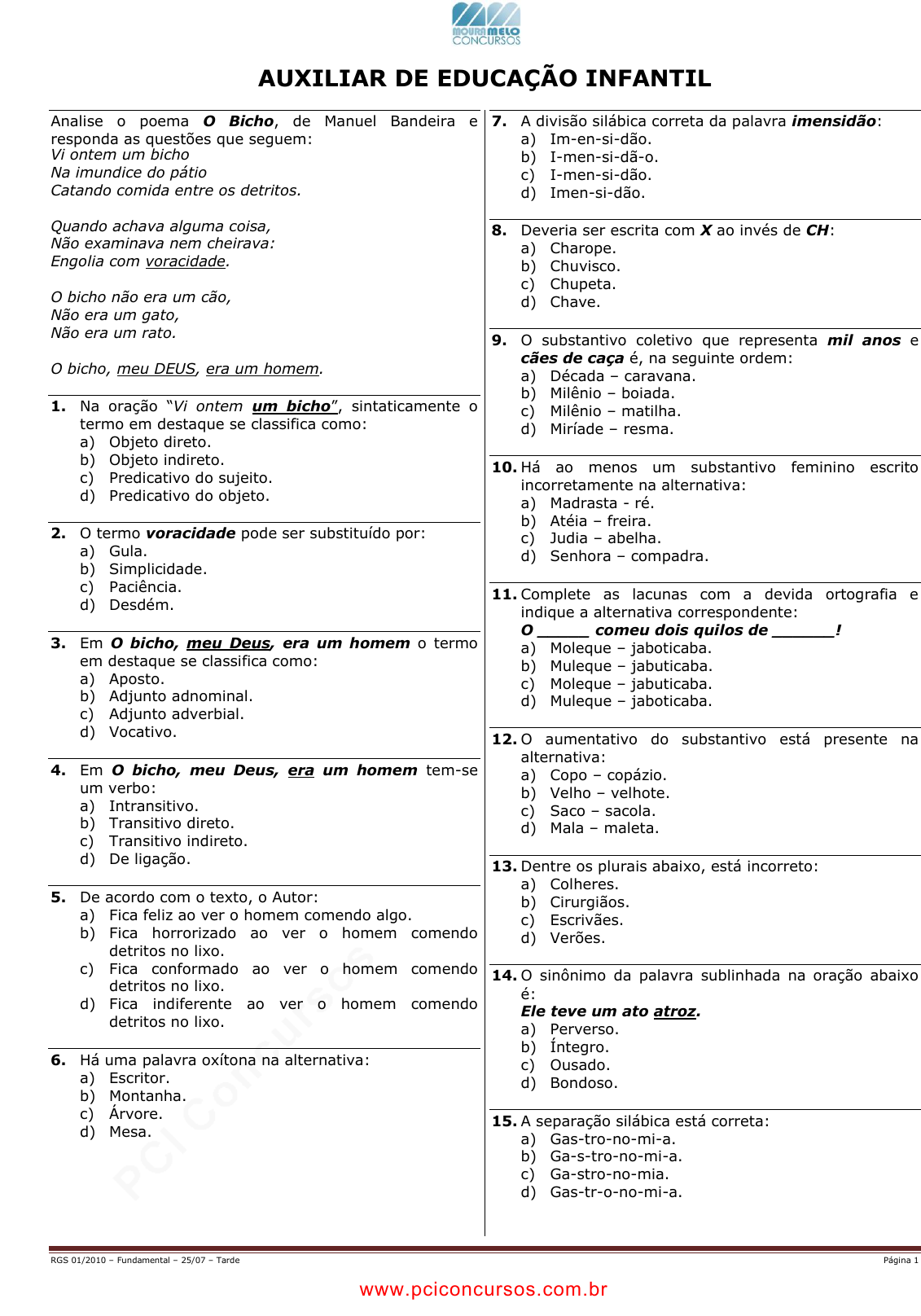 Prova Pref. Rio Grande da SerraSP - MOURA MELO - 2010 - para Auxiliar de  Educação Infantil.pdf - Provas de Concursos Públicos