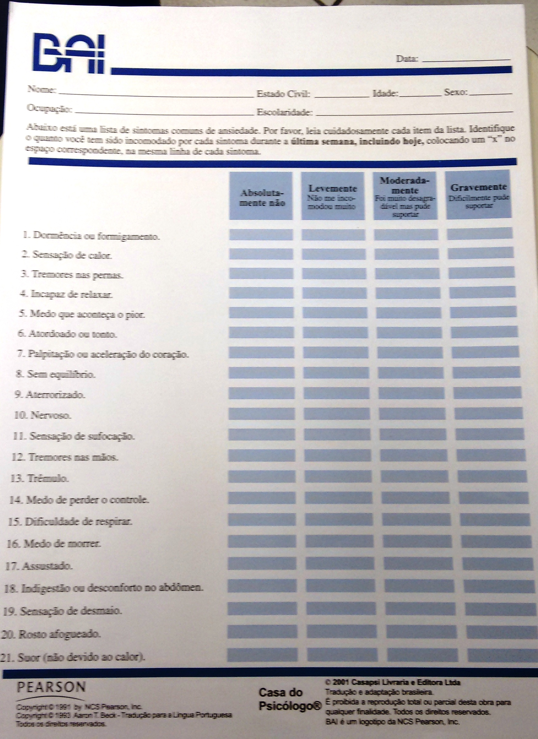 TESTE BAI - Psicologia