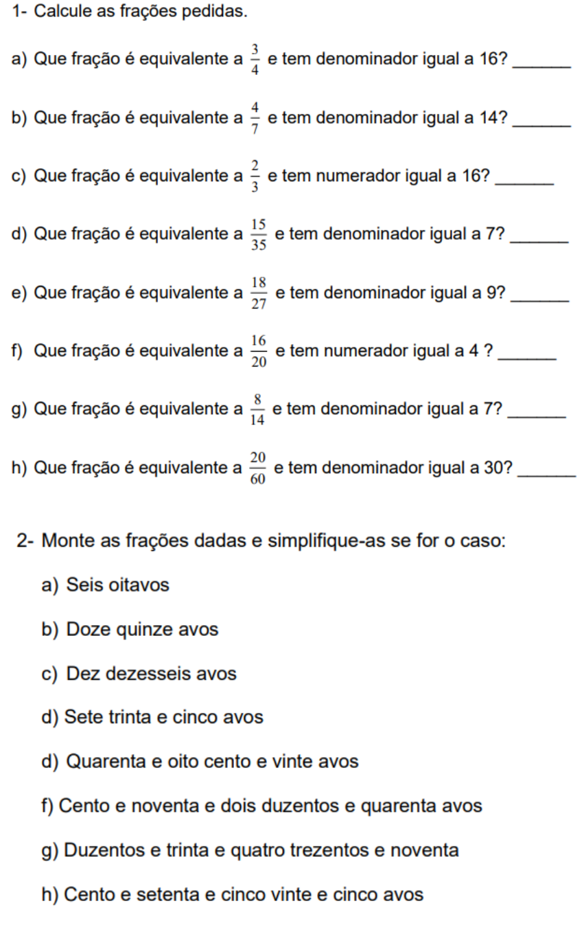 Trabalho sobre frações para os 6ºs anos  Fração, Fração matemática, Frações  equivalentes