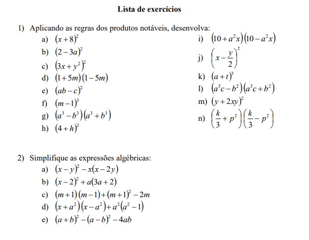 Exercícios Produtos Notáveis Matemática