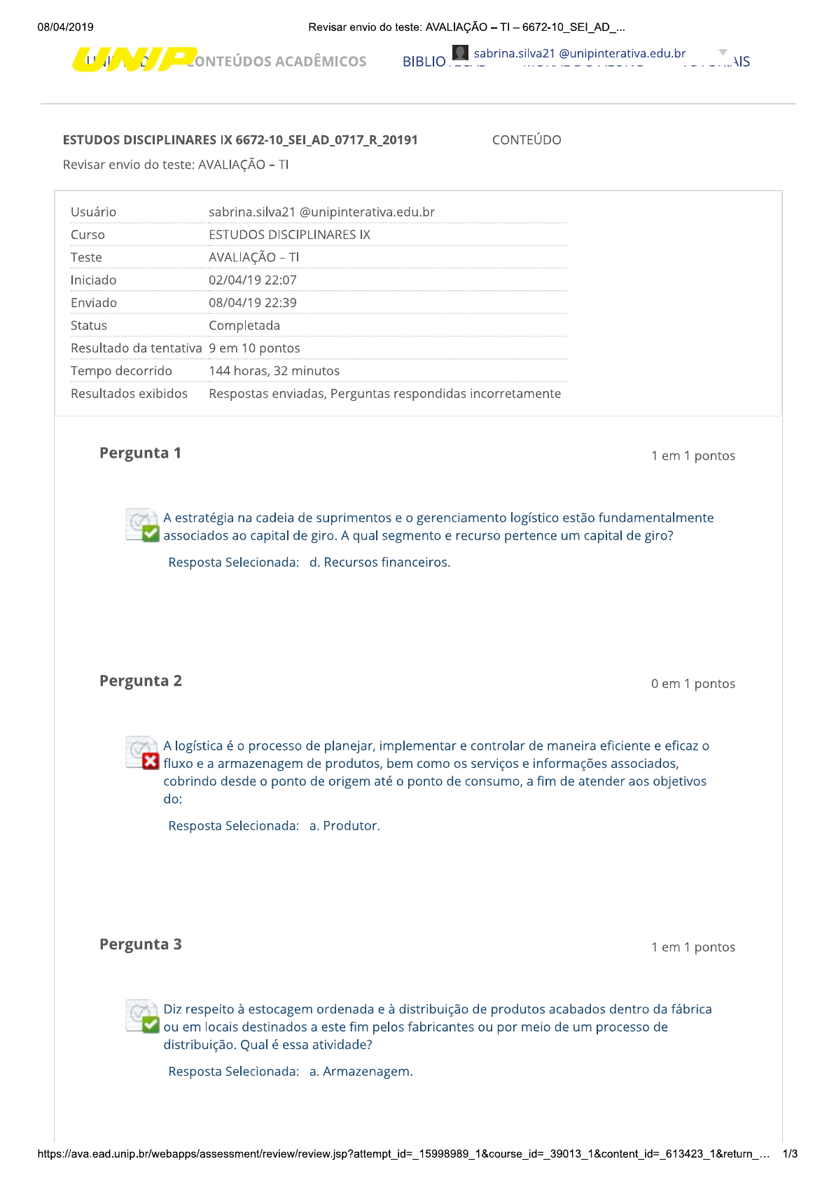 AVALIAÇAO ESTUDOS DISCIPLINARES X I VANDERLEIA - Segurança do Trabalho