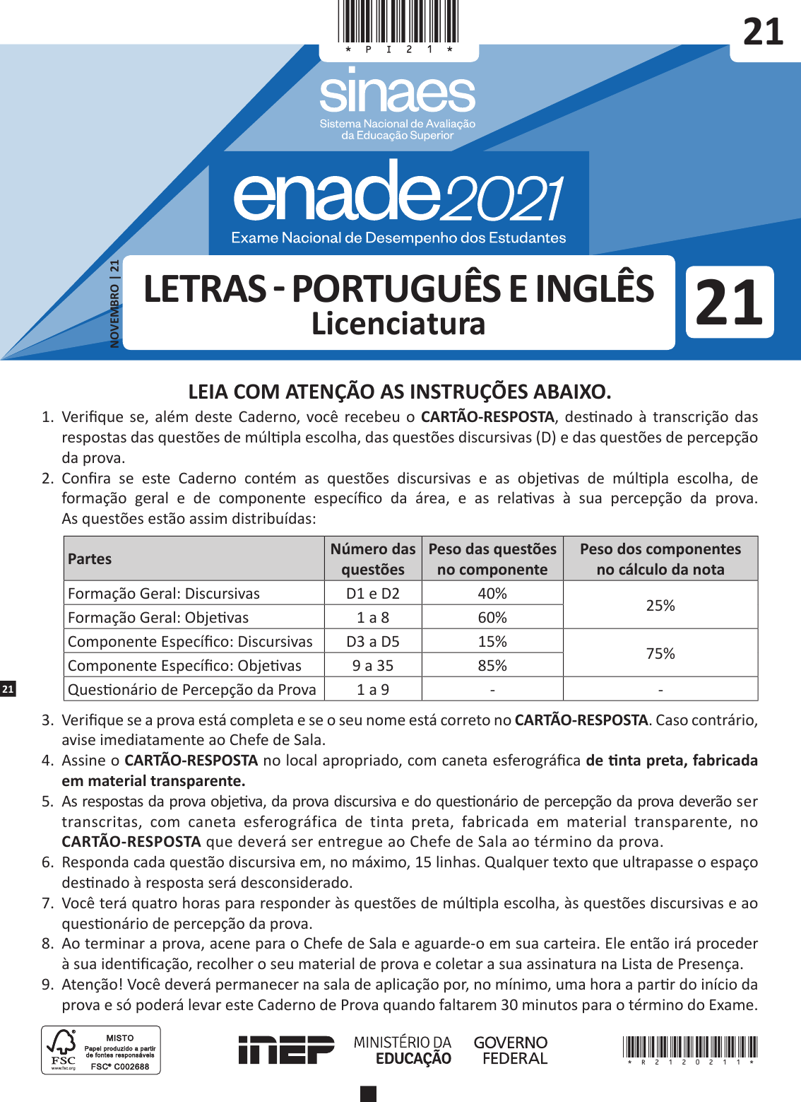PROVA E GABARITO DO ENADE NOV/2021: CURSO DE LETRAS - PORTUGUÊS E