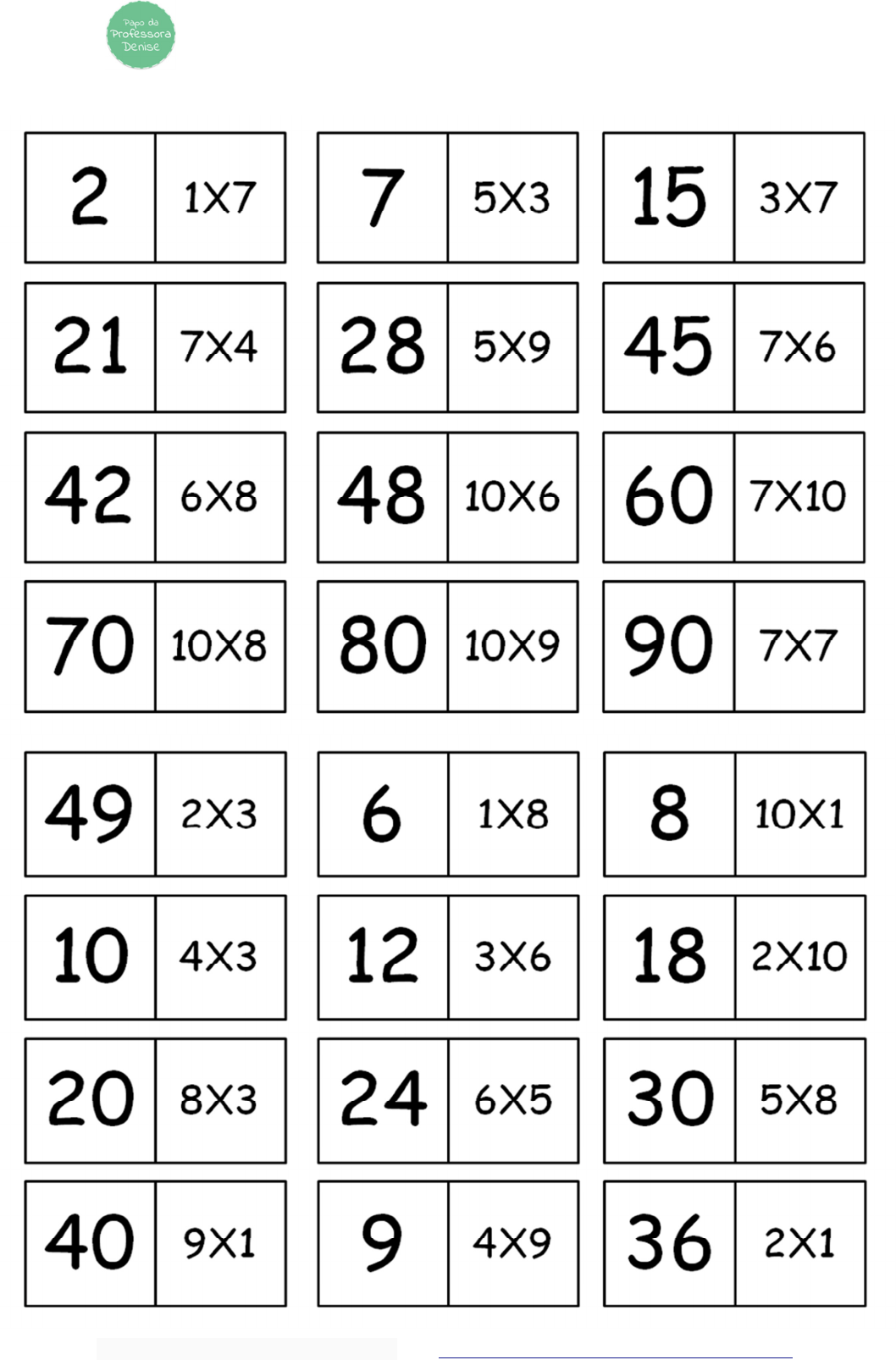 Atividades de Matemática para o 4o ano. Jogo dominó da multiplicação : O  jogo começa quem estiver com o número maior, a regra é a mesma do dominó. A  peça tem dois