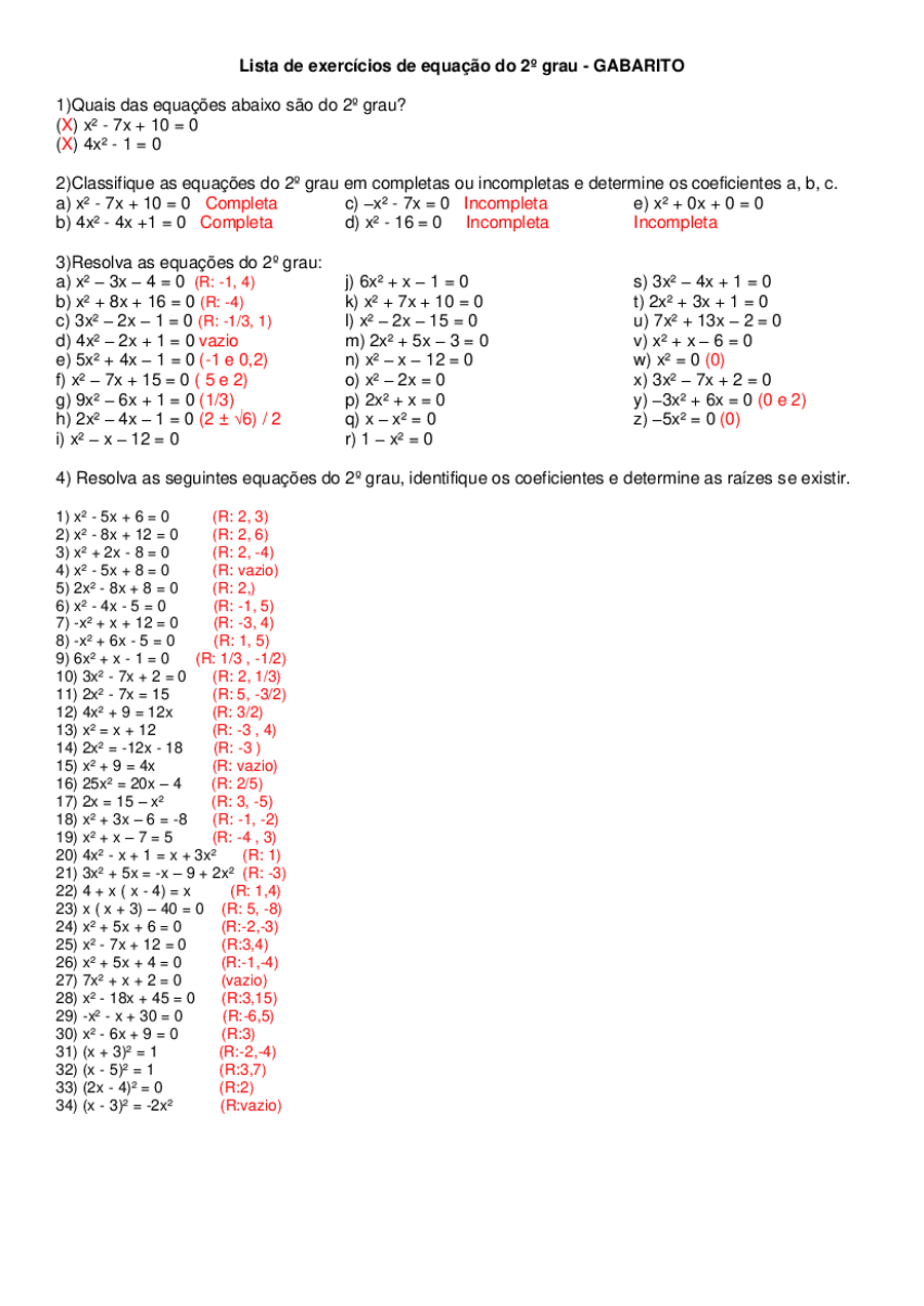 Equação do 2° Grau (Segundo Grau) - Fórmulas e Exercícios Resolvidos