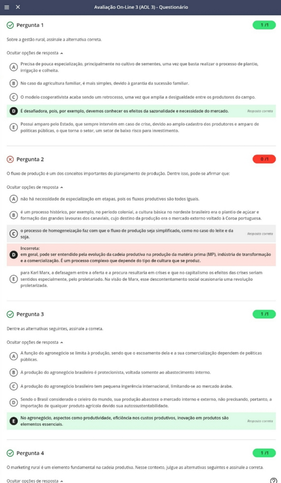 Avaliação On-Line 3 (AOL 3) - Questionário - Administração Rural