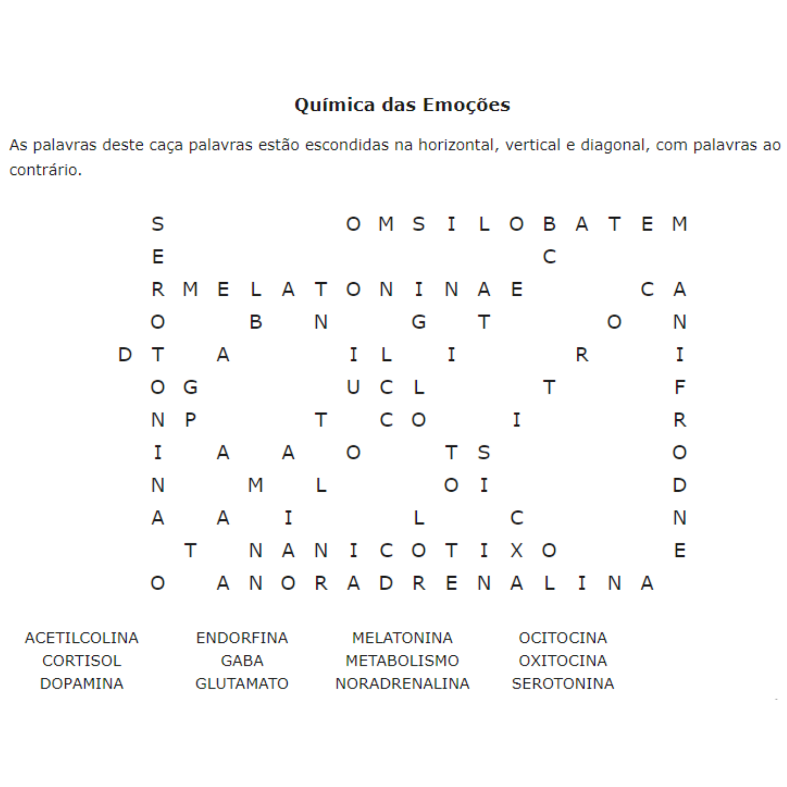 02 - Atividade de caça palavras sobre química das emoções - Psicologia