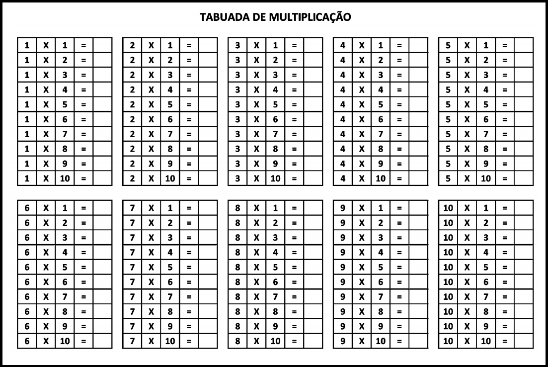 Tabuada de Multiplicacao para Imprimir