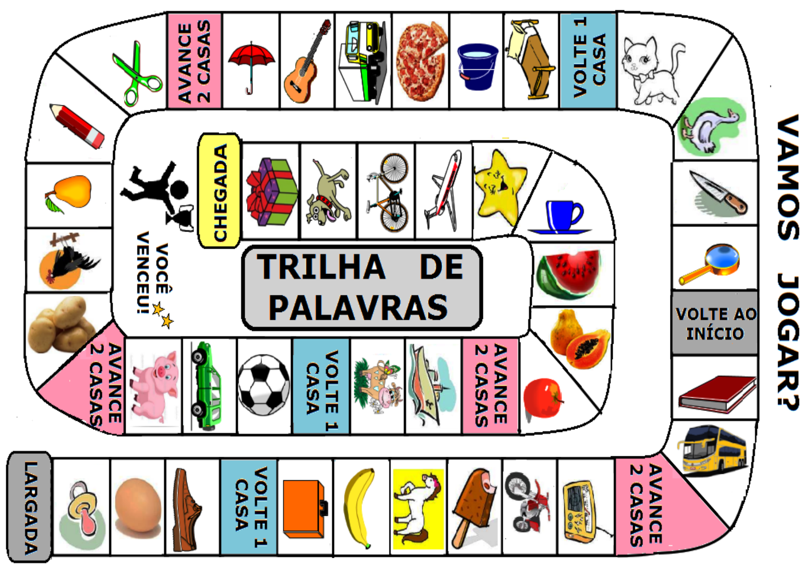 Jogo Trilha das palavras Material: Tabuleiro do jogo (podem imprimir);  Ficha com as diferentes categorias (1 por jogador); Dado Pinos ou até  rolhas de plastico, pedras, etc Regras: Começa quem obtiver a