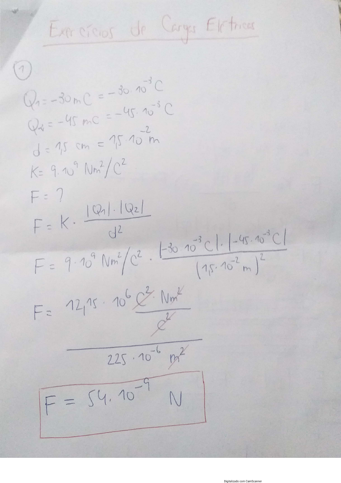 Exercícios Cargas Elétricas