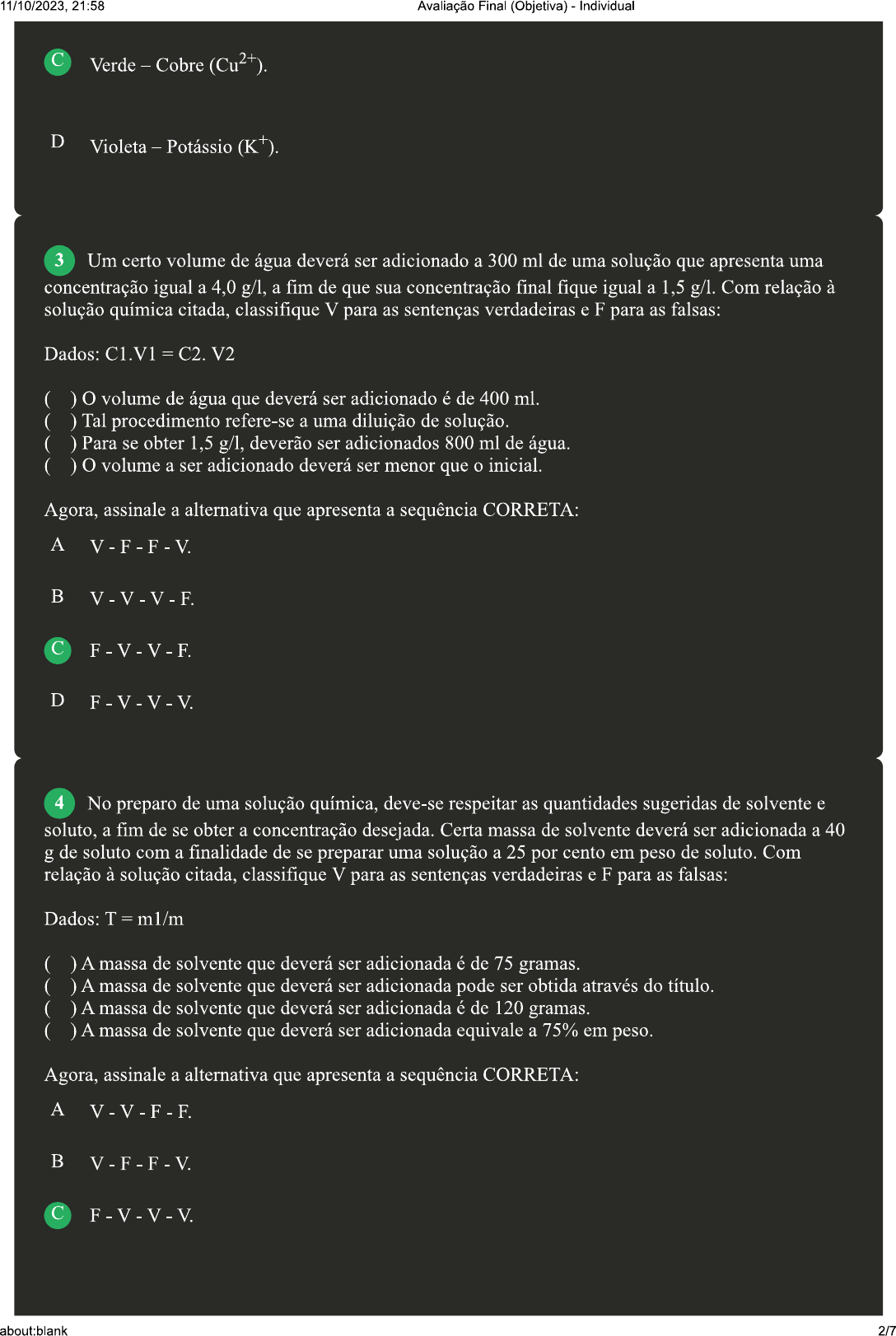 Avaliação final objetiva - Química Geral I