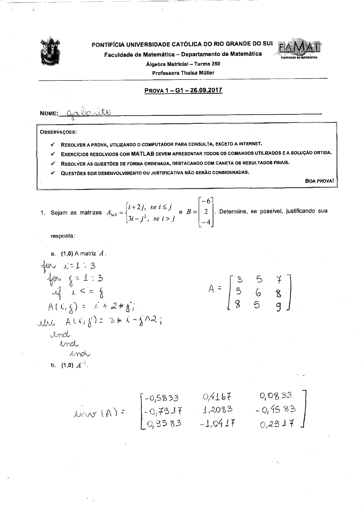 Gabarito Prova 1 - Álgebra