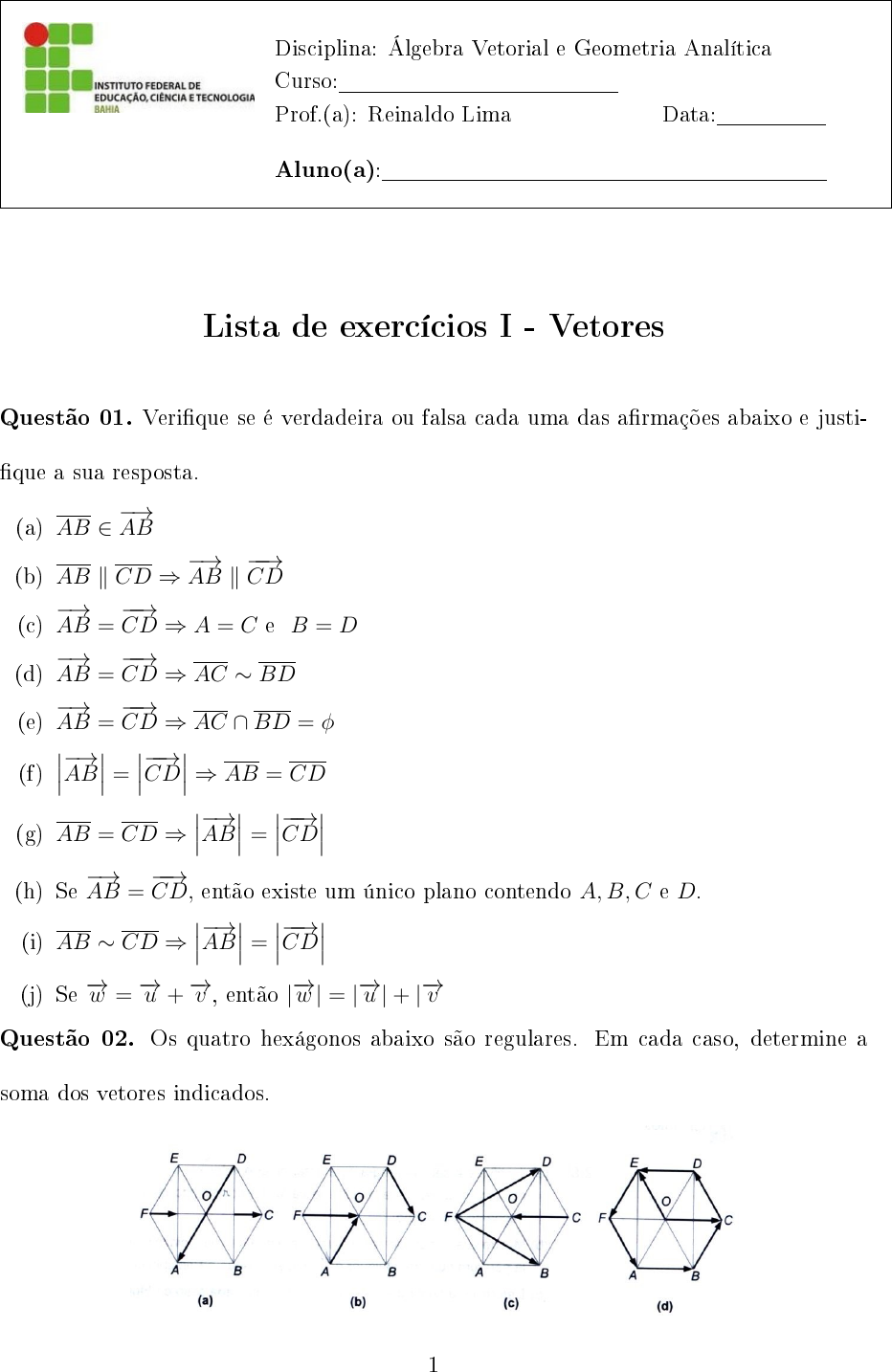 Lista 1 - Vetores - Geometria Analítica