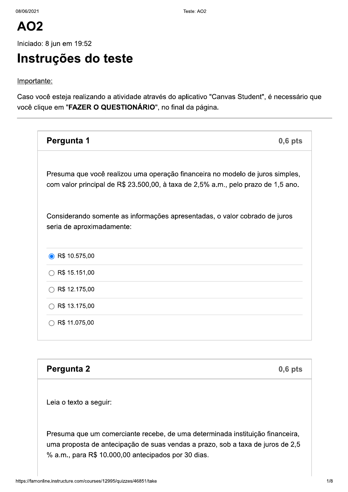 Matemática Financeira - AO2 - Administração