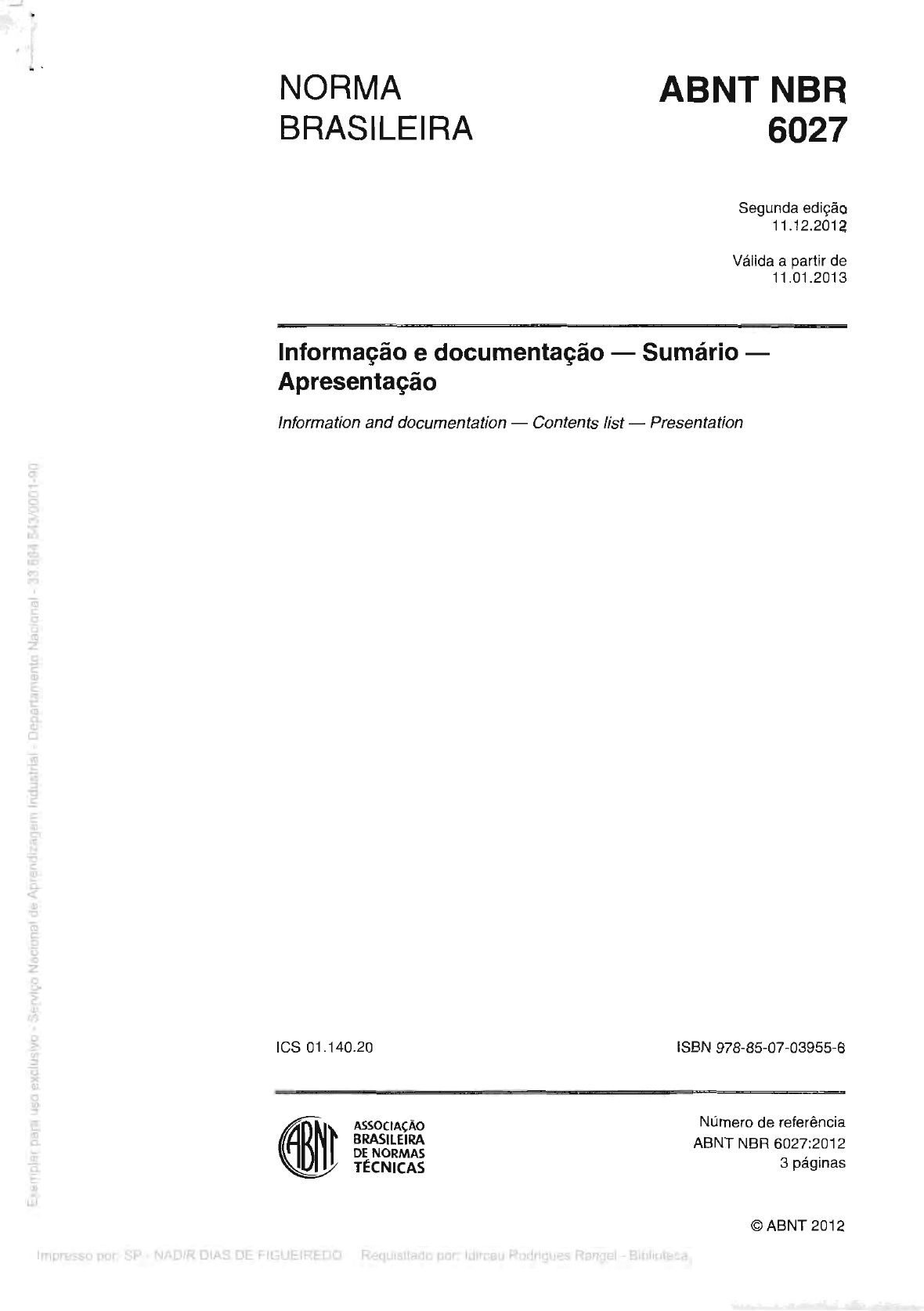 Nbr 6027 Dez 12 Informação E Documentação Sumário Apresentação Projeto Final Ii 7305