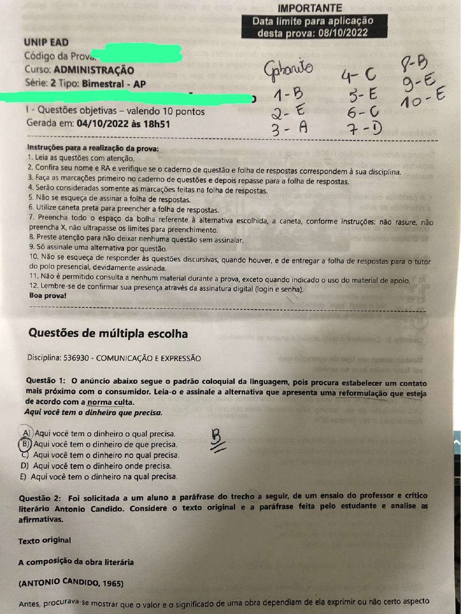 Prova Presencial Unip Comunica O E Express O Com Gabarito Revisado Comunica O E Express O