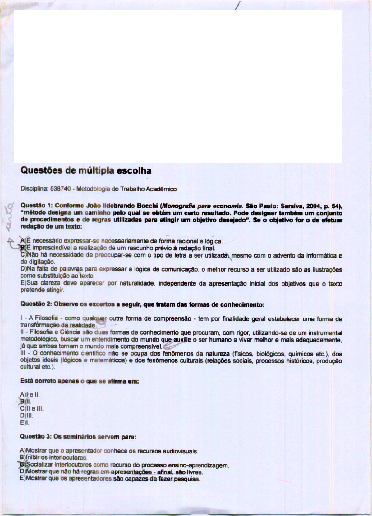 Prova Metodologia Do Trabalho Academico Metodologia Do Trabalho Acad Mico