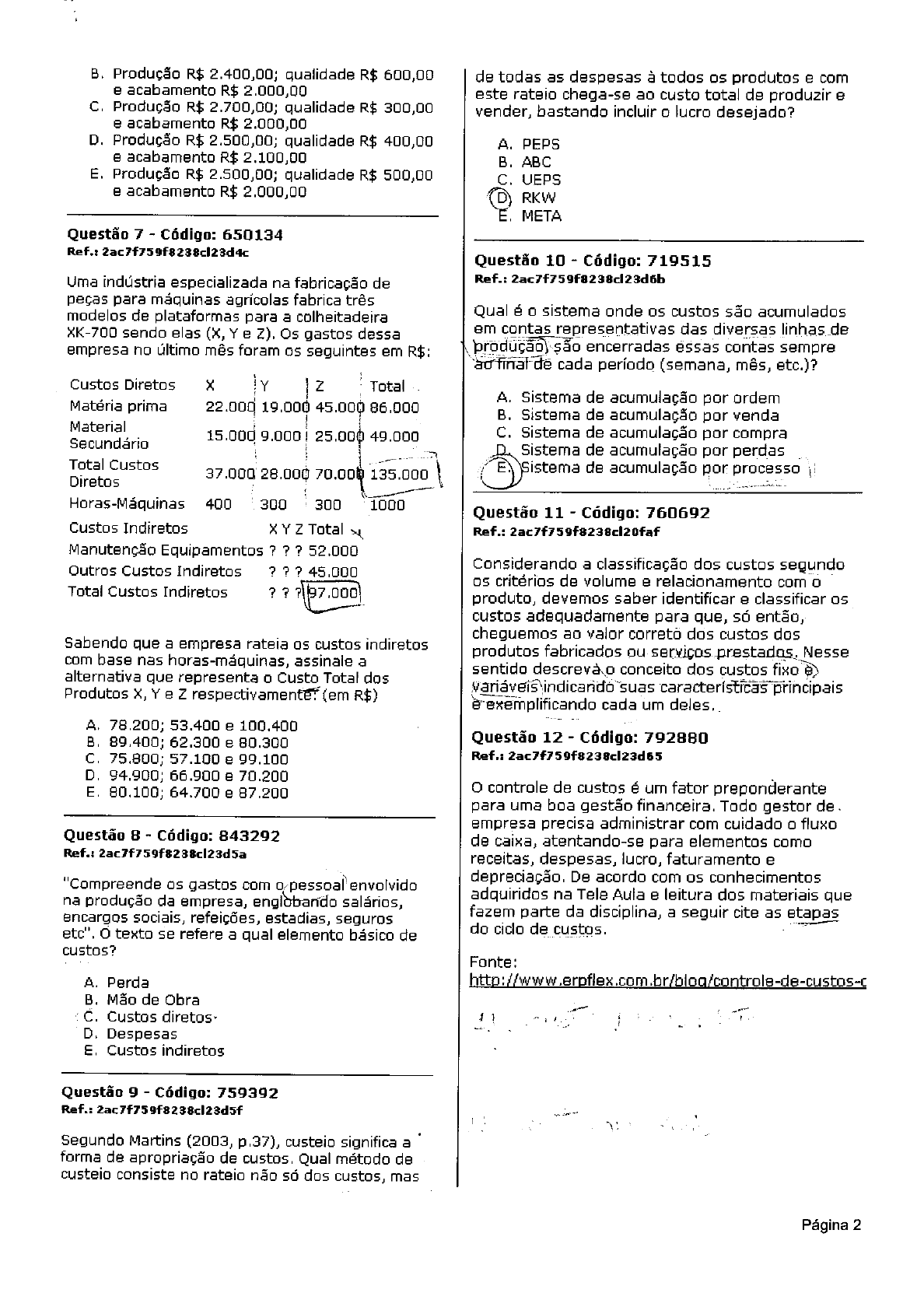 Prova De Contabilidade De Custos E Industrial Unopar