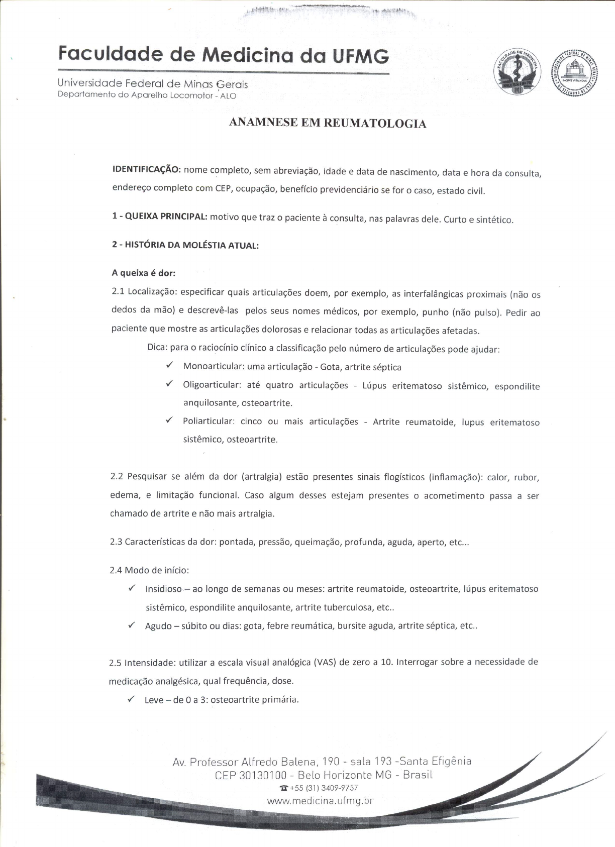 Modelo de Anamnese em Reumatologia, Trabalhos Fisioterapia