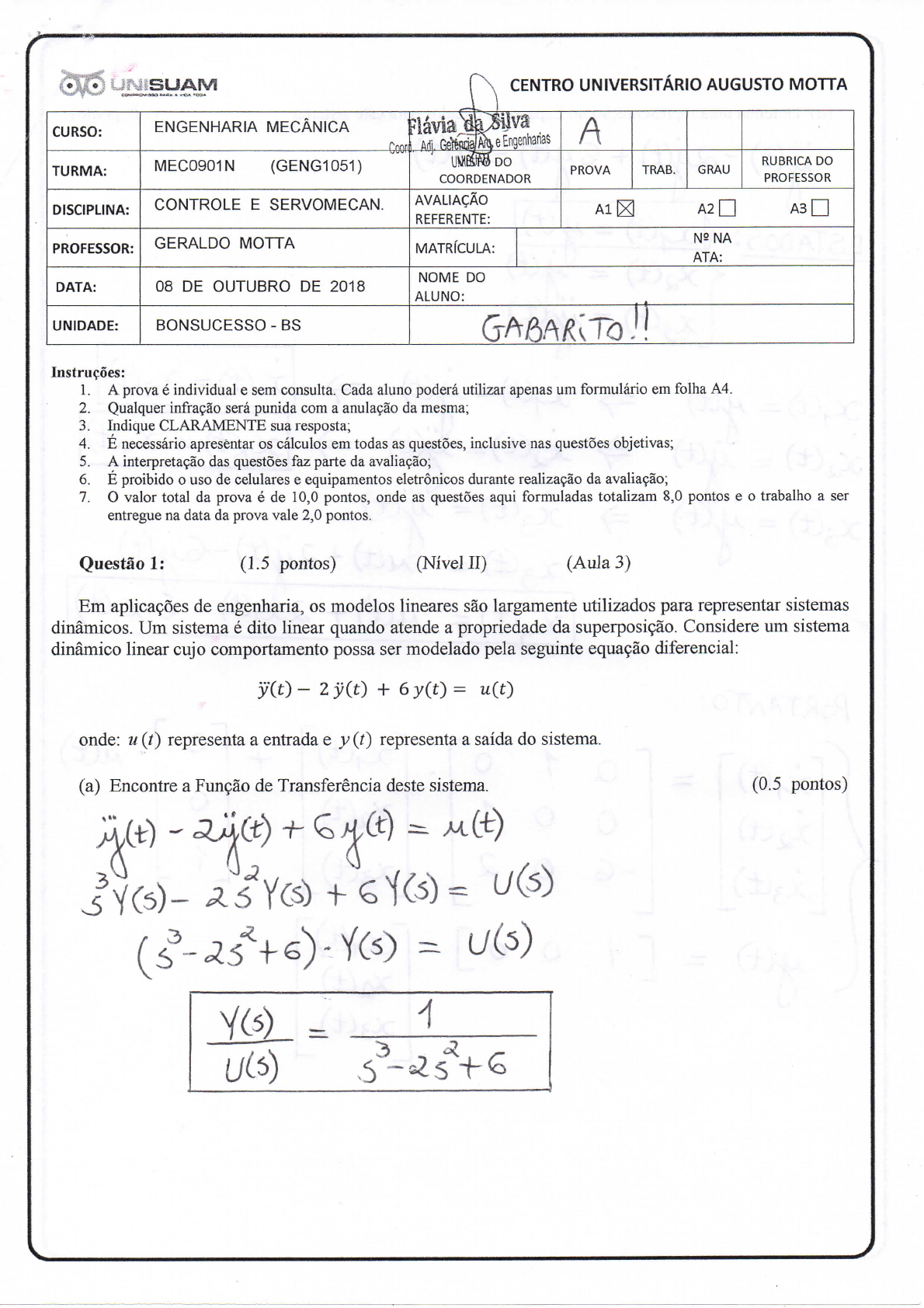 Gabarito BS - A1 - MEC0901N - Controle E Servomecanismos - Prova A ...