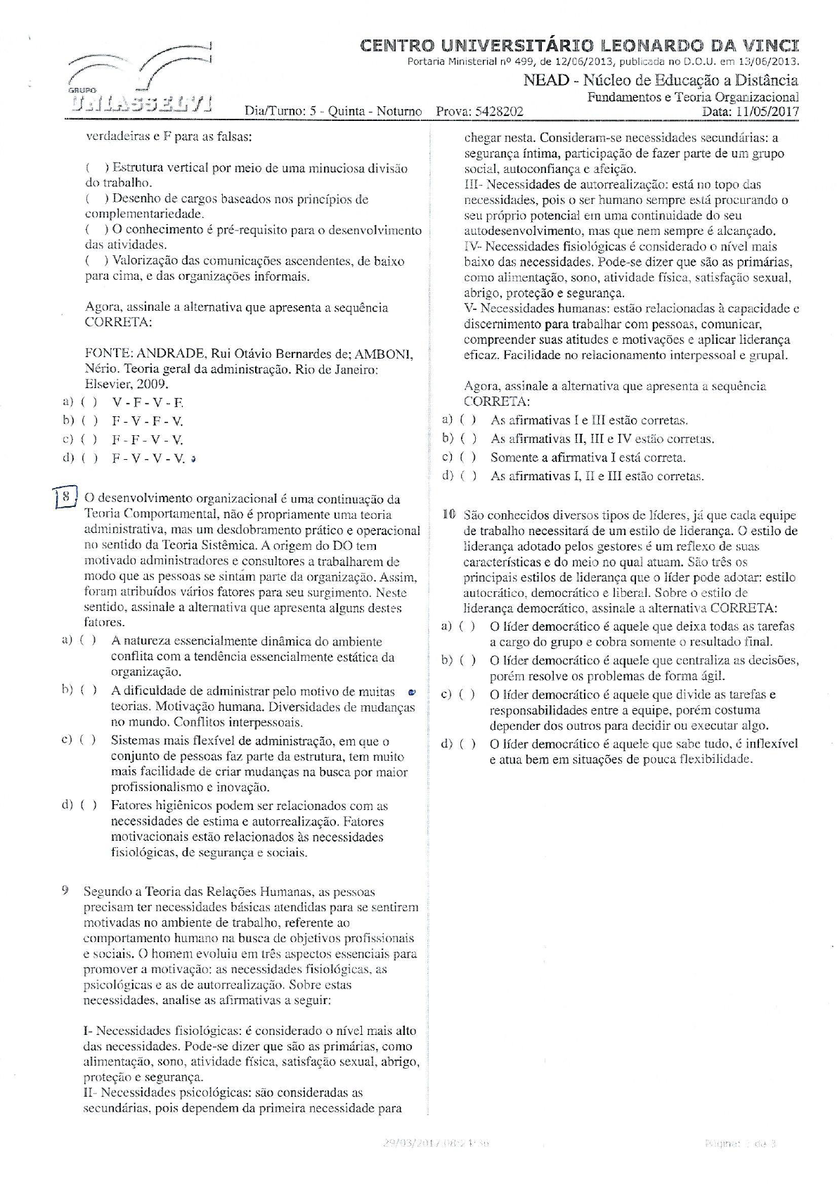 Prova Discursiva Fundamentos E Teoria Organizacional Uniasselvi