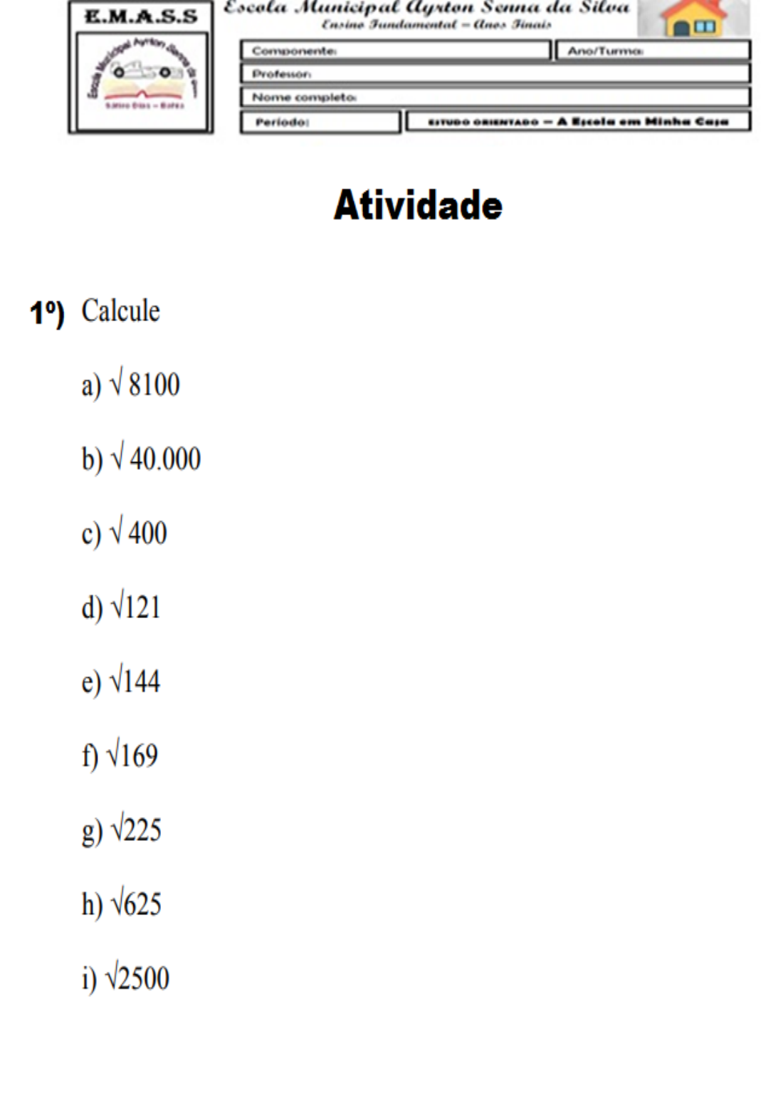 Quiz sobre cálculo com raízes quadradas - Exercício on-line de